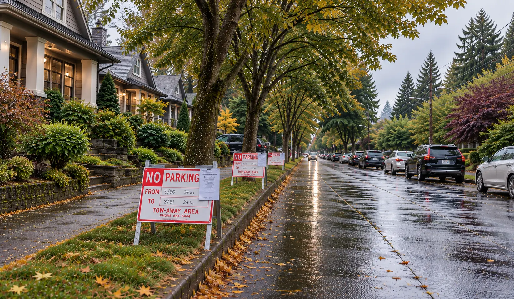 Temporary no-parking tow-away signs posted along a wet, tree-lined residential Seattle street in autumn, with parked cars along the curb